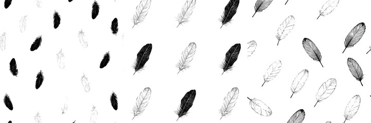 A seamless pattern of modern feather doodle graphic art is depicted in black and white illustration