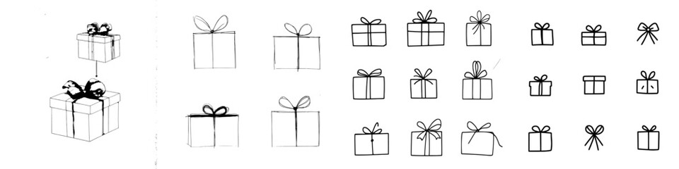 Modern isolated sketch illustration of a present box in black and white graphic set art