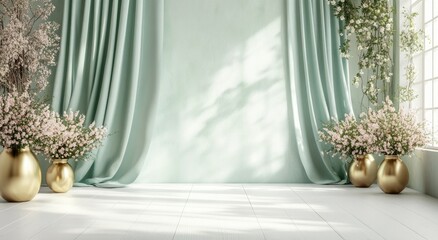 A tranquil room with sage green drapes, floral arrangements, and gold vases.