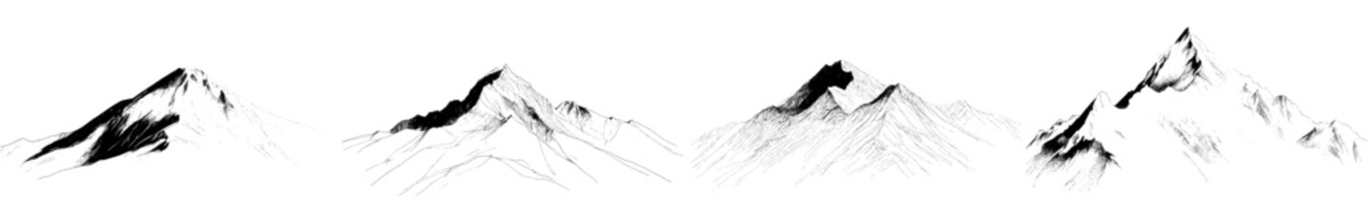 Modern illustration of mountain peaks created by hand, featuring outdoor camping