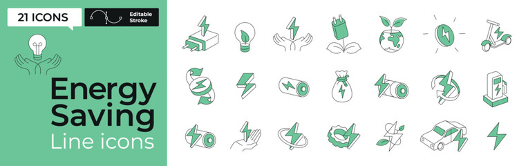 Energy Efficiency Line Editable Icons set. Vector illustration in modern thin line style of ecology related icons: energy saving light bulb, sustainability, electricity, and more.