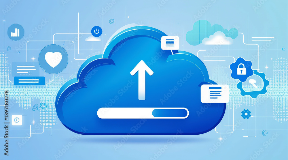 Poster a digital illustration of a blue cloud symbolizing cloud storage, featuring upload icons and various