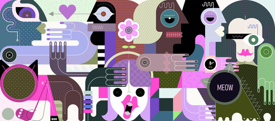 A large group of people busy with their own affairs and two cats who came to be petted and fed. Geometric style contemporary art graphic illustration. 