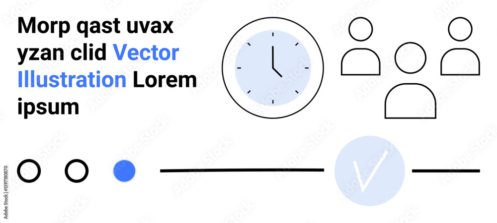 Poster clock with blue face, three user icons, checkmark symbol, text blocks, and circular buttons arranged