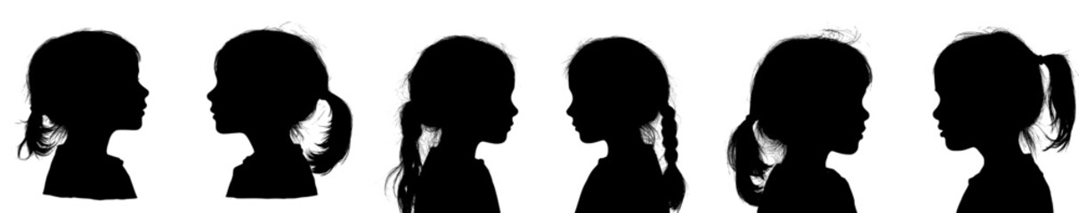 A woman's head is depicted in a hand-drawn graphic style, featuring a silhouette with a high ponytail haircut, set against a white background in a modern isolated illustration