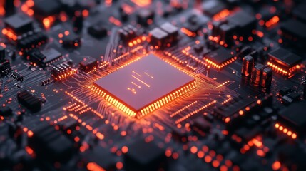 Close-Up of Futuristic Circuit Board with Glowing Red Elements