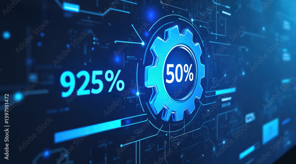 Poster a futuristic digital interface displaying percentage metrics and a gear symbol, suggesting technolog