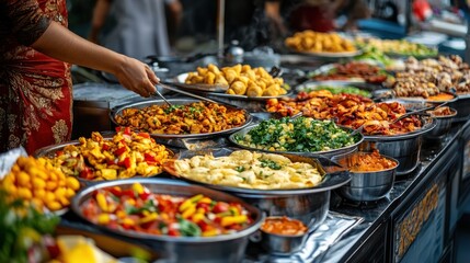 Obraz premium A vibrant array of Asian street food dishes served in metal trays at an outdoor market.