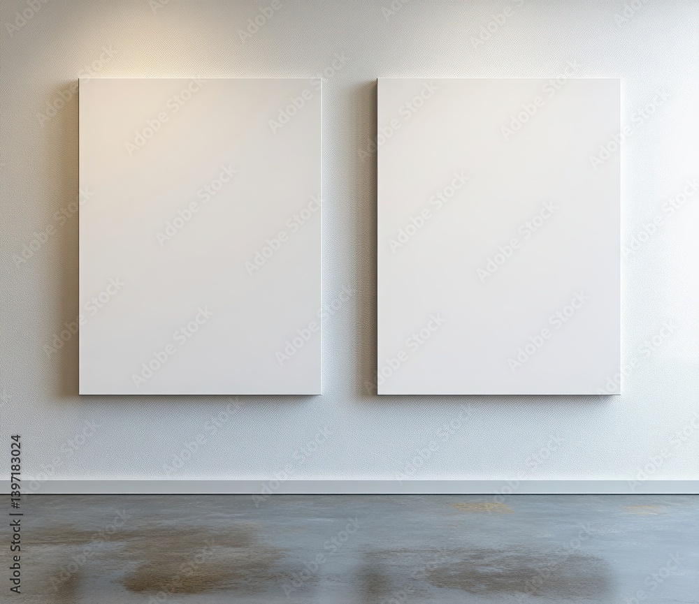 Poster empty gallery space with two blank canvases on wall ready for artistic expression and creativity