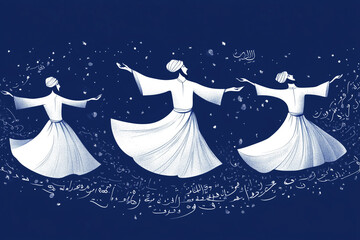 A whirling dervish and his disciples, depicted as elegant white silhouettes with subtle Islamic calligraphic flow and Sufi ornamental elements, on a dark blue background.