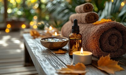 The autumn spa and aromatherapy setup features elements such as aromatic candles, essential oils infused with autumn herbs, and dried fall leaves