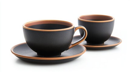 Obraz premium Black coffee cups and saucers with brown trim