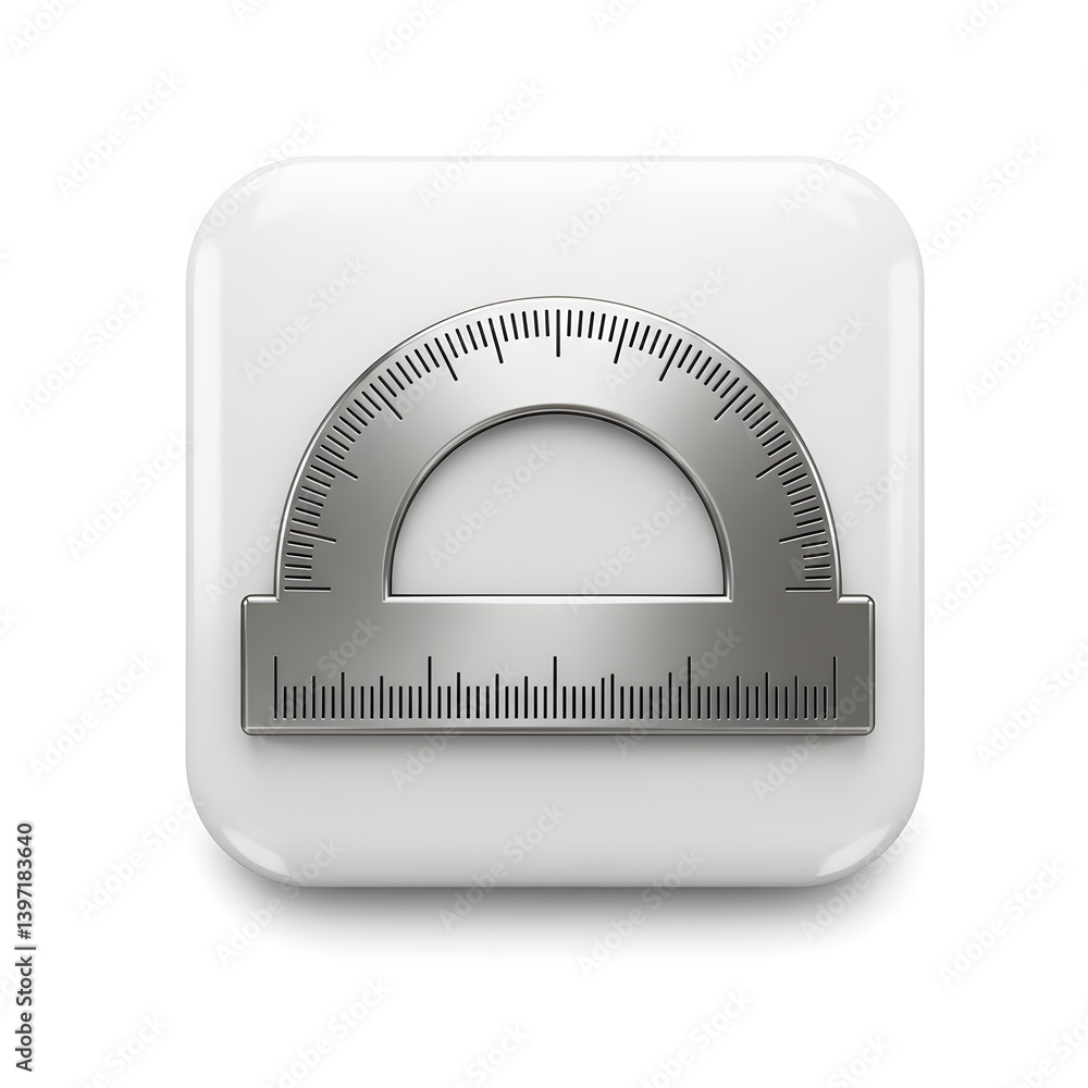 Poster 3d render of a metallic protractor icon on a white square button, geometric measuring tool