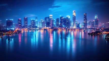 Fototapeta premium City skyline glows over water at night.