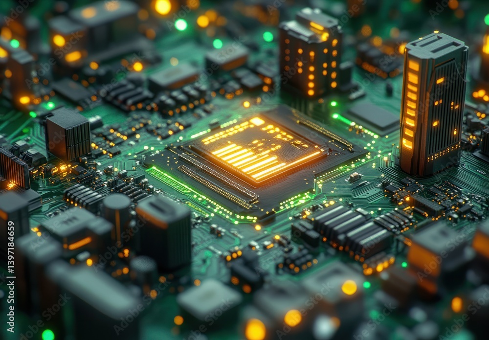 Poster detailed close-up of a circuit board with lights and microchips for technology and innovation themes