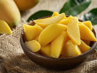 Freshly Cut Ripe Mango Slices in a Wooden Bowl on a Rustic Surface Surrounded by Green Leaves and Soft Natural Light