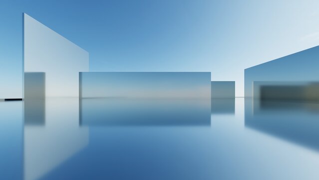 3d illustration of abstract minimal architecture background, geometric architectural with chrome or metallic arch design