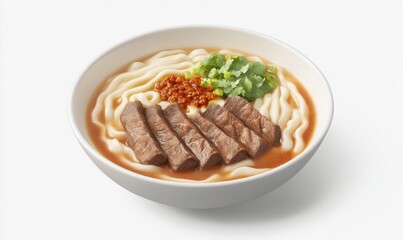 Beef noodle soup bowl, studio shot, white background, food photography, recipe website