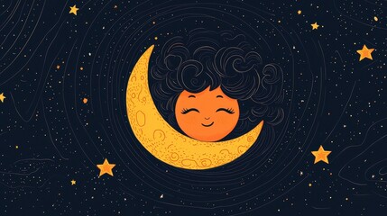 A crescent moon cradling a sleeping girl, amongst stars.