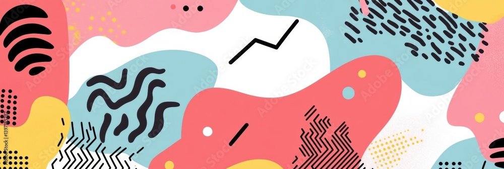 Poster colorful memphis style abstract shapes with zigzags and squiggles create a lively background for mod