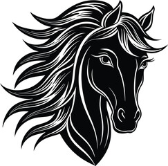 Artistic Black and White Horse Head Illustration with Flowing Mane