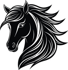 Elegant Black and White Silhouette of a Horse Head with Flowing Mane
