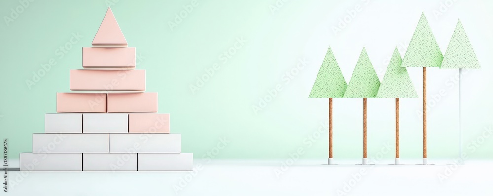 Poster successful project management timeline concept. playful geometric shapes with trees on a pastel back
