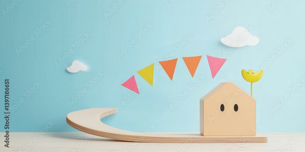 Poster successful project management timeline concept. playful paper house with colorful flags and clouds i