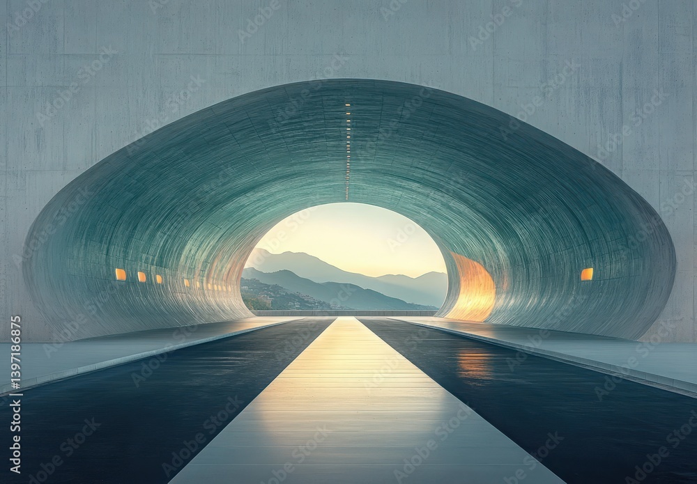 Poster modern architectural design with abstract form and soft light illuminating a serene landscape in the
