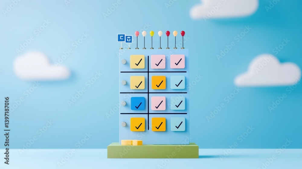 Poster successful project management timeline concept. 3d checklist display with colorful markers against a