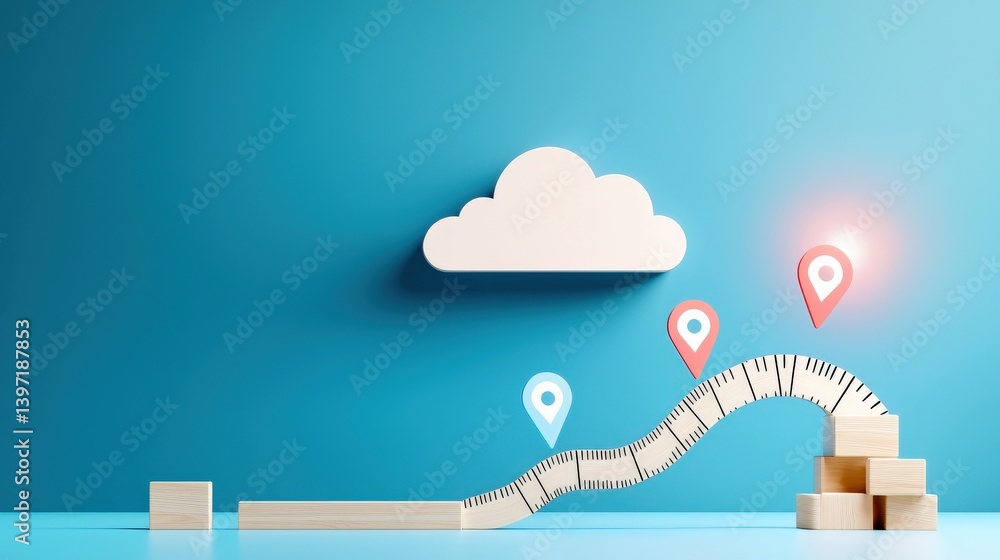 Poster successful project management timeline concept. digital cloud pathway with location markers and wood