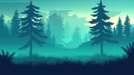 A misty, teal-hued forest scene with tall evergreens.