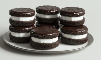 Chocolate sandwich cookies stacked on plate, studio shot, dessert, sweet treat