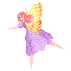 Flying fairy woman with delicate yellow wings. Enchanted forest character in elegant lilac dress. Flat illustration of magical female creature. Great for magical garden themes and nature decor