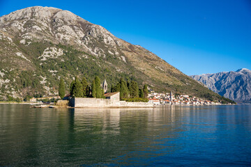  View from water of St. George Island near town Perast, Kotor bay, Montenegro