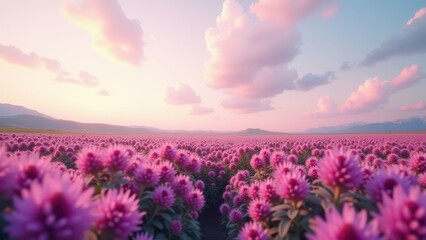 Fototapeta premium Vast pink flower field under pastel sunset sky with distant mountains 
