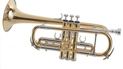 Obraz premium Shiny Gold Cornet Isolated on White, Musical instrument, Brass instrument