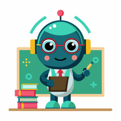 A teal and red cartoon robot teacher stands in front of a chalkboard with books. Vector illustration.
