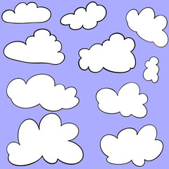 Set of cartoon cloud on flat design. White cloud on violet background 