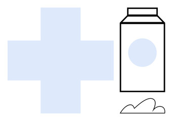 Blue cross beside medicine box with simple outline and abstract shape at the bottom. Ideal for healthcare, first aid, pharmacy, medical services, wellness, health awareness, and simplicity-themed