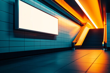 Blank billboard in modern subway station with tiled walls and vibrant lighting for advertising mockup.