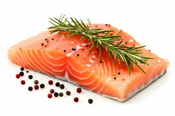 A piece of raw salmon with rosemary and black pepper on a white background, isolated on the right side
