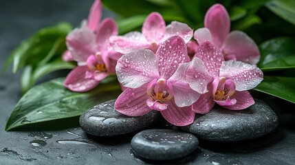 Fototapeta premium A soothing blend of balanced stones, towels, green leaves, and accessories creates a harmonious SPA composition for body treatments, promoting wellness and relaxation