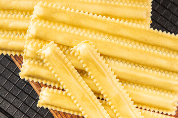Pasta parpadelle stuffing mushroom dish vegetable fresh gourmet food background on table rustic...