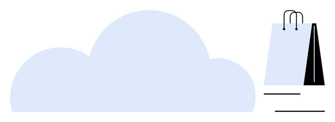 Light blue cloud next to black and white shopping bag, emphasizing digital shopping, data storage. Ideal for e-commerce, online retail, cloud technology, innovation, modern marketing, connectivity