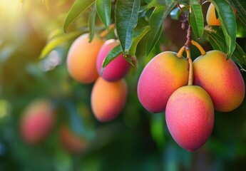 Vibrant Ripe Mangoes Hanging on a Tree Branch Surrounded by Lush Green Leaves in a Sunny Tropical Garden Setting with Soft Light