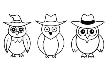 Halloween Owl with Hat, Line Art Vector Illustration