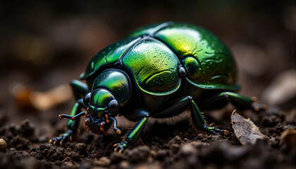 Shiny green beetle crawling on soil, nature's vibrant beauty