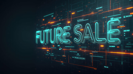 A digital display features the words future sale in bright neon blue and orange, set against a dark background, emphasizing a futuristic theme. Decorative electronic lines enhance the visual appeal