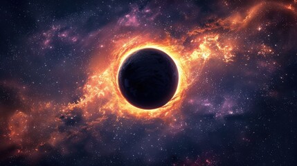 Naklejka premium Cosmic scene featuring a dark planet surrounded by vibrant nebulae and stars in space